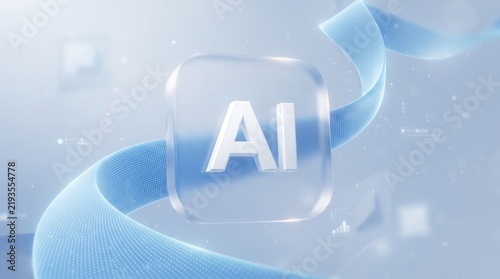 3D glassmorphic AI icon graphic featuring a translucent glass texture with a blue ribbon, capturing artificial intelligence technology concept for website UI and corporate marketing.