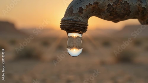 Macro view of water drop hanging from rusty tap at sunset. Macro view captures liquid sphere reflecting golden desert horizon. Serene macro view symbolizes precious resources and environmental hope.