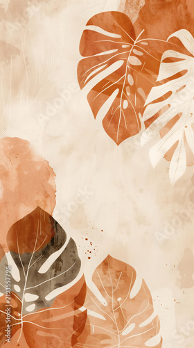 Minimalist terracotta watercolor monstera leaves with fine line contours on textured paper background