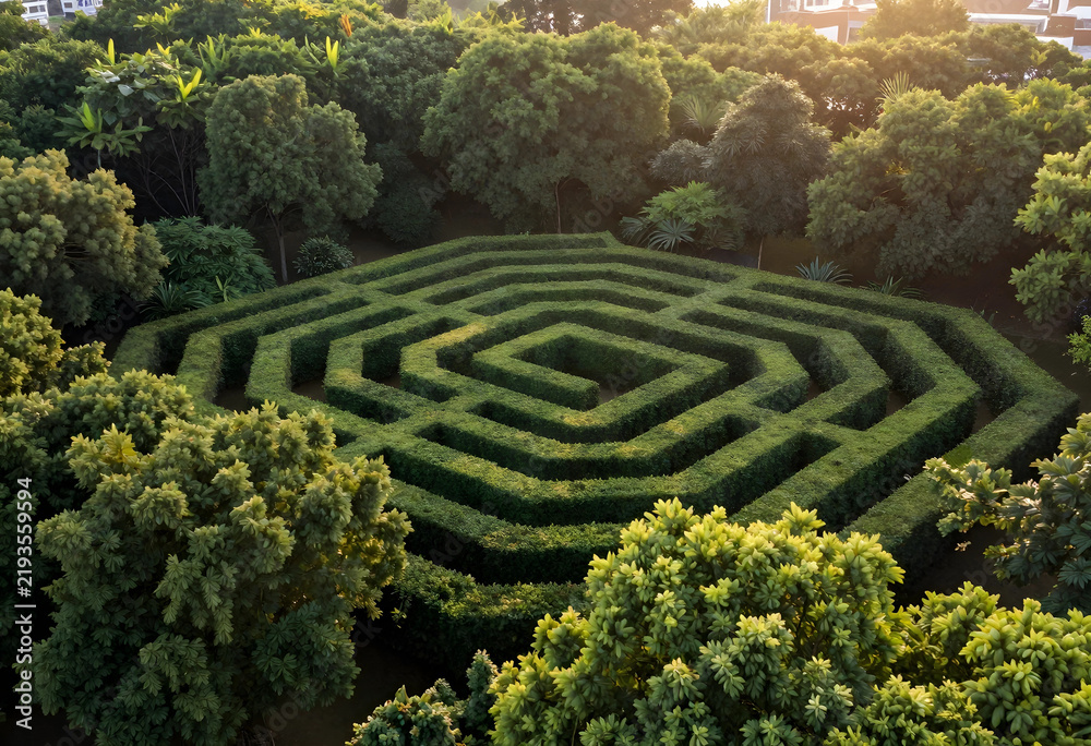 Obraz premium Problem solving and strategy, green hedge maze in a park with complex path and challenge for business decision making and personal growth journey