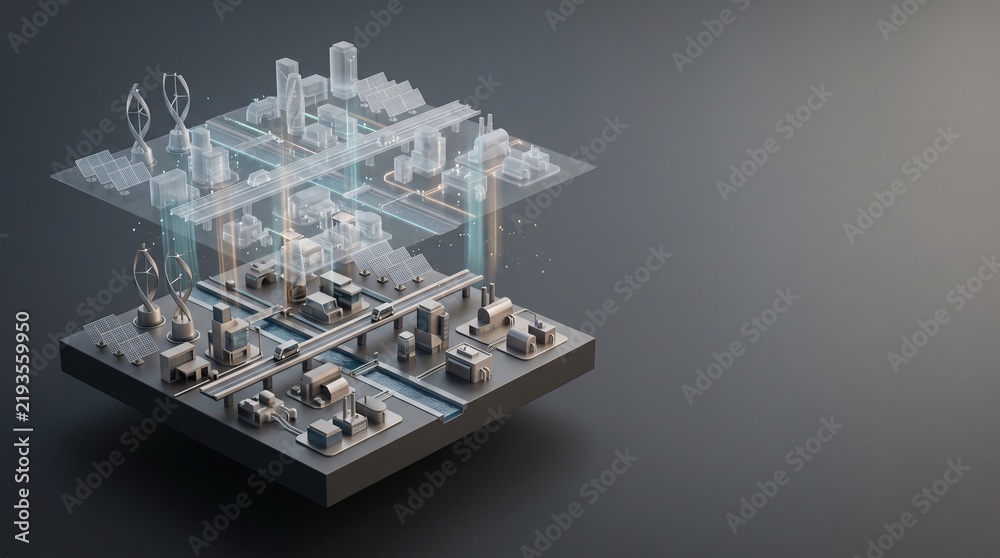 Fototapeta premium Conceptual 3D Visualization of an Automated Robotic Sorting System Integrated into Futuristic Urban Infrastructure and Smart City