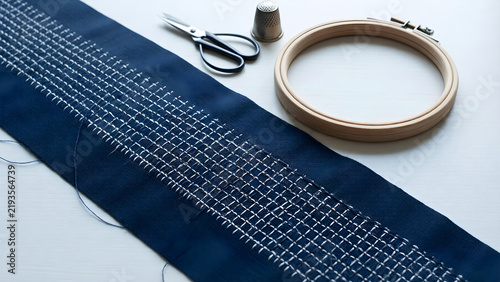 Indigo sashiko sampler with precise white stitching