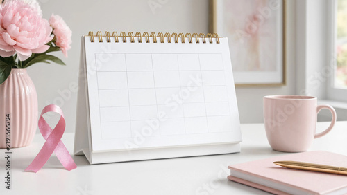 Desktop calendar with pink ribbon and flowers on office table