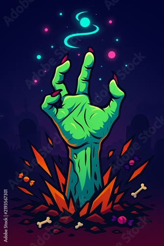 Neon green zombie hand rising from the ground with magic glowing particles