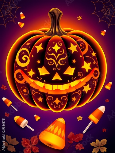 Festive Halloween jack o lantern with glowing carved face and candy corn decorations