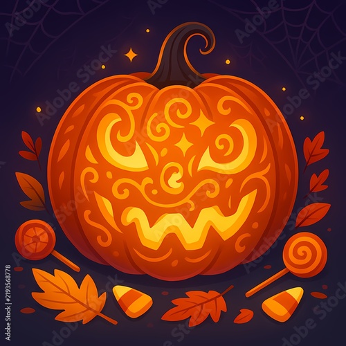 Decorated glowing Halloween jackolantern surrounded by autumn leaves candy corn and lollipops