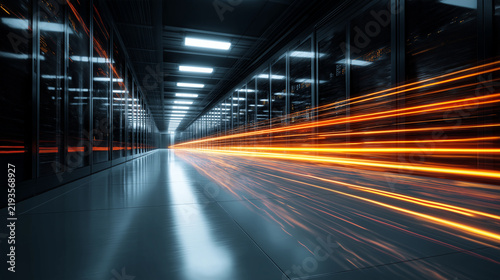Data Center Server Corridor with High Speed Motion Light Trails Science Fiction Concept