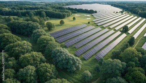 Aerial drone photograph of a vast solar farm integrated seamlessly into a thriving green woodland landscape, with orderly photovoltaic panels surrounded by dense trees, natural clearings