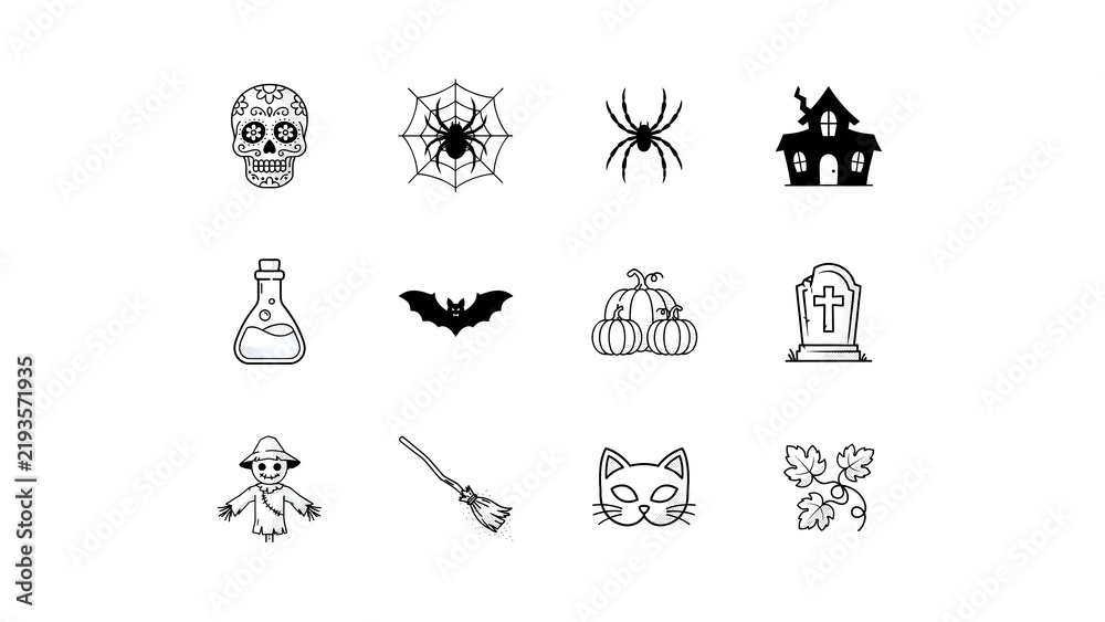 Fototapeta premium Halloween outline icons including sugar skull, bat, scarecrow and witch broomstick element.