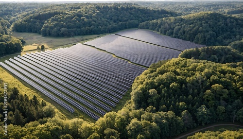 Aerial drone photograph of a vast solar farm integrated seamlessly into a thriving green woodland landscape, with orderly photovoltaic panels surrounded by dense trees, natural clearings
