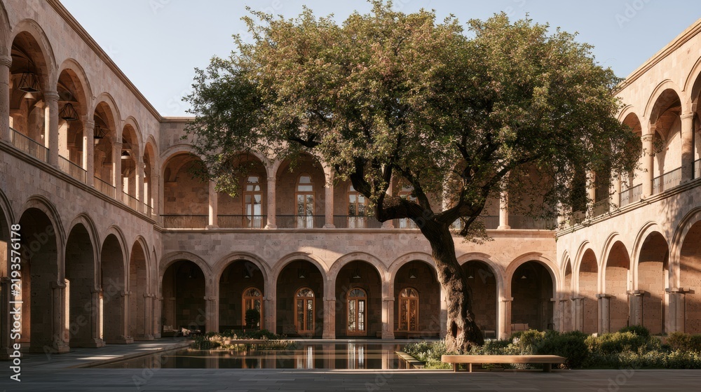 Fototapeta premium A courtyard in premium wellness hotel showcases warm pink volcanic tuff, a water feature, and an apricot tree creating a stylish outdoor space.