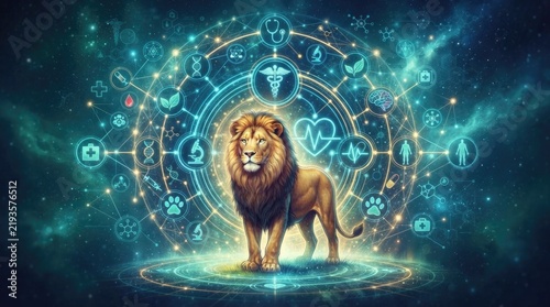 Majestic Lion within Futuristic Medical Science Diagram
