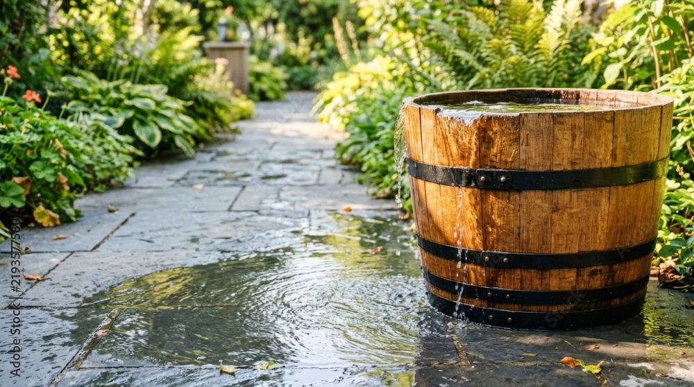 Fototapeta premium Overflowing wooden barrel on wet garden path, natural light, serene outdoor scene with copy space