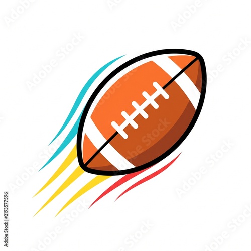 Dynamic vector icon of a flying American football with colorful motion trail lines behind it on a clean white background.