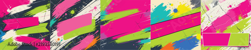 set of vector Dynamic acid grunge background with broad strokes and splashes of paint, Colorful scratches and cracks texture with grainy dust smears, Bright pink and green colored banner design