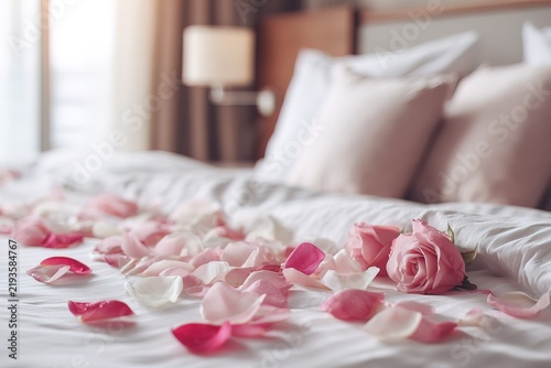 Delicate pink rose buds and petals scattered on white bed sheets in hotel room. Perfect for luxury honeymoon suite advertisement Valentine’s Day promotion or romantic boutique hotel marketing banner