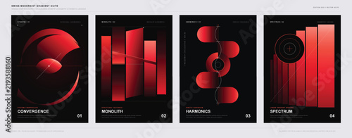 Modernist gradient collection showcases four designs featuring shapes and patterns in deep red tones