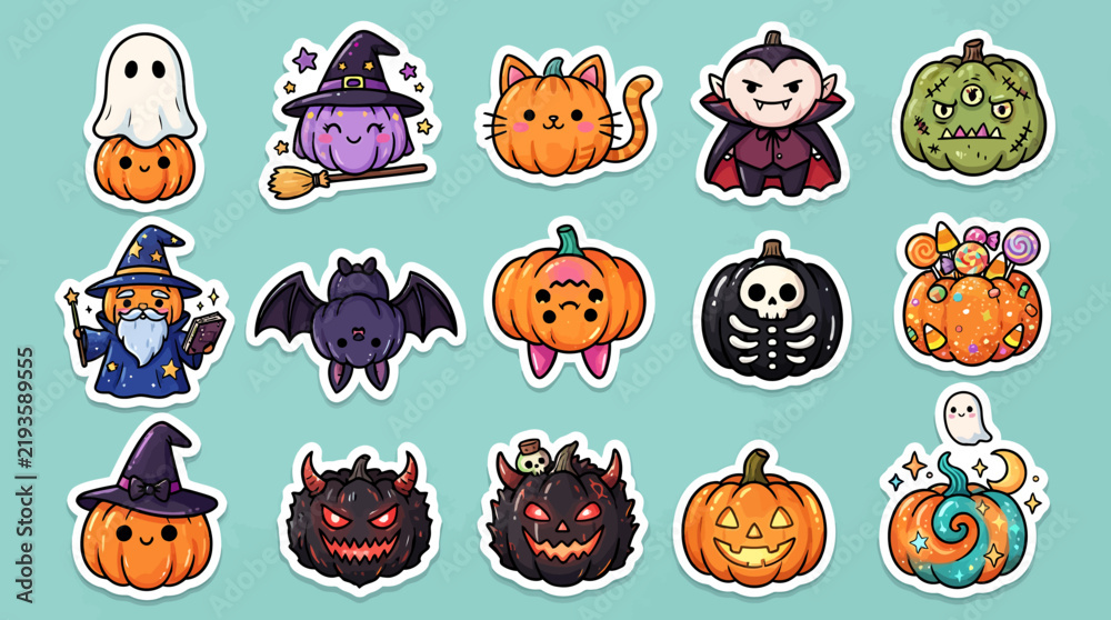 Fototapeta premium Set of cute kawaii halloween stickers featuring pumpkins ghosts and monsters halloween stickers celebration