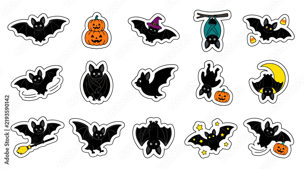 Fototapeta premium Assorted spooky halloween bat stickers in various cute positions with halloween character illustration