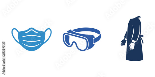 Personal protective equipment instruction vector icon set featuring a medical face mask, safety goggles, and isolation gown.