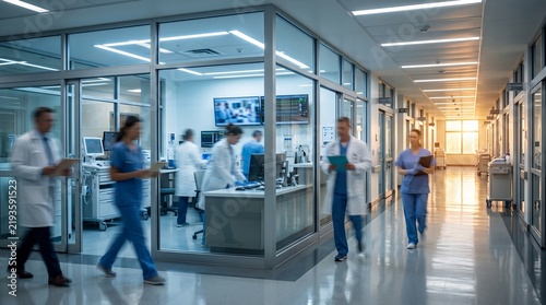 Modern hospital ward and nursing station interior. Long exposure blurred motion of medical staff walking down a corridor, clinical blue background.
