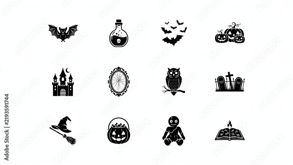 Fototapeta premium Flat black halloween character collection featuring bats and voodoo doll for occult design.