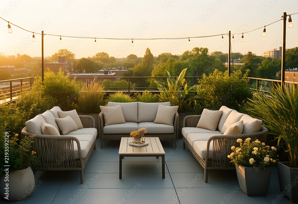 Fototapeta premium Urban lifestyle and rooftop relaxation, modern outdoor lounge area with comfortable sofas and string lights at sunset for luxury real estate marketing