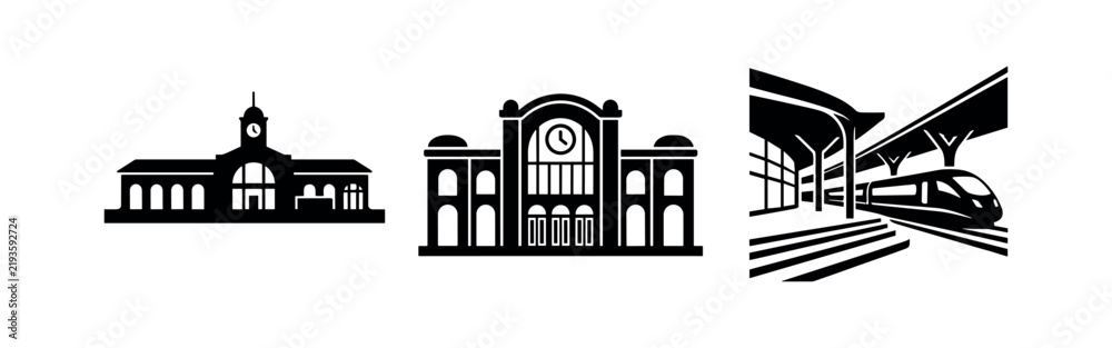 Obraz premium Train Station Buildings and Railway Transit Architecture Icons