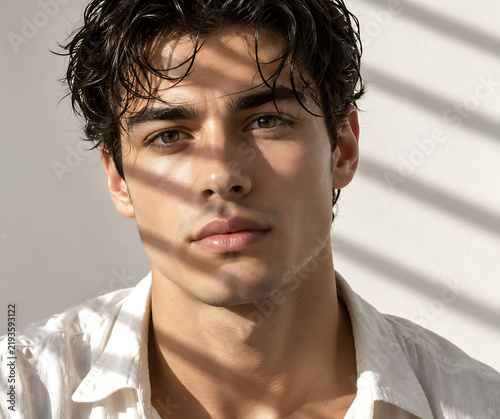 A young man with dark curly hair poses with sunlight and shadow patterns