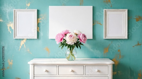 White Picture Frames and Peonies on a Turquoise Wall with Gold Accents for Interior Design