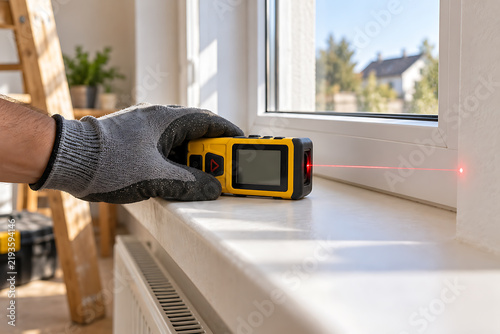 A yellow laser distance measurer is held near a window during home renovation work