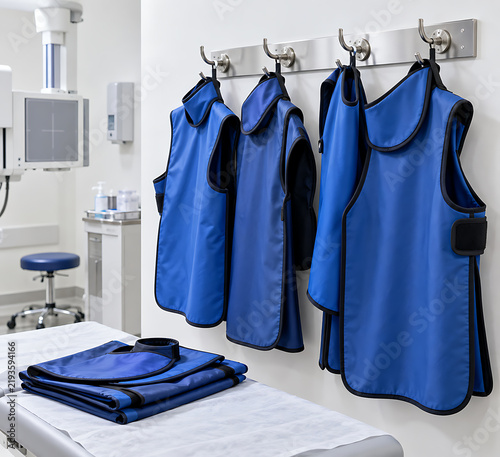 Blue lead aprons hang on a metal rack in a medical examination room