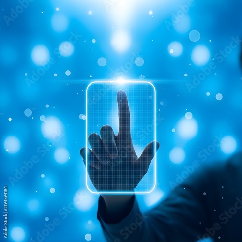 Futuristic Finger Touching Digital Interface with Glowing Holographic UI on Blue Tech Background
