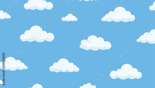 Soft and fluffy white clouds scattered across a bright blue sky background in a seamless repeating pattern.
