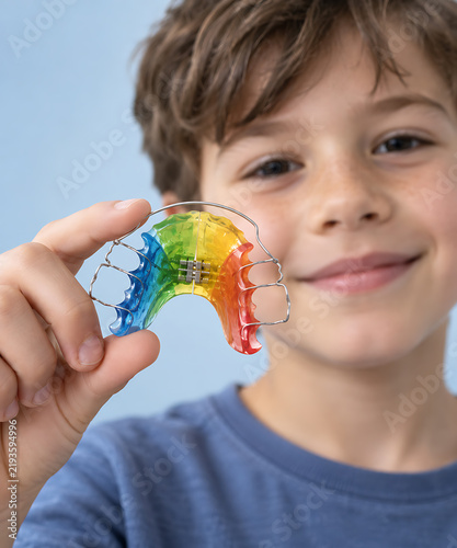 A young boy displays a colorful orthodontic retainer with metal wiring and acrylic