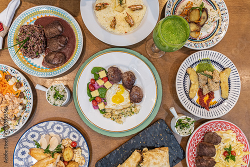 Overhead shot Brazilian food diverse dishes colorful presentation