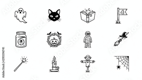 Charming hand drawn halloween doodle icons set with ghost mummy witch broom and candle.
