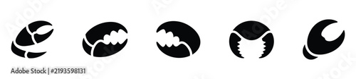 Set of black silhouette crab and lobster claw icons isolated on white background