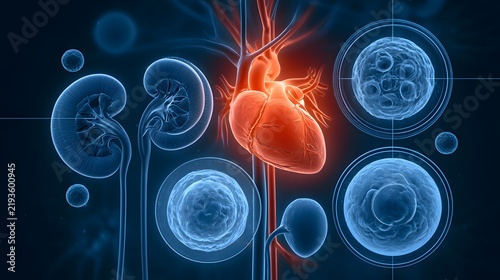 Anatomical human heart and kidneys with floating cells in a digital medical visualization. Science concept for cardiology and nephrology research presentations.