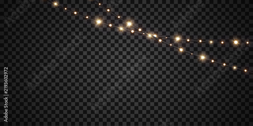 Christmas lights isolated on transparent background. Set of golden xmas glowing garland. Vector illustration