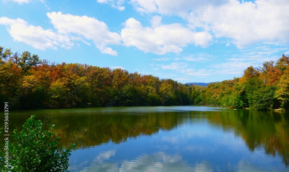 Obraz premium Peaceful lake with autumn colorful trees trees and reflection with white clouds, peaceful destination background