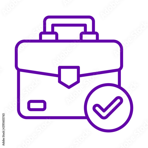 Purple outline icon of a business briefcase with a checkmark symbol representing successful completion or verification of professional work transparent background