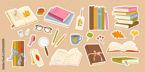 Cute book stickers collection. Open and closed books, bookmarks, stationery and autumn leaves. Reading and education stickers for libraries, cards designs. Flat vector illustration.