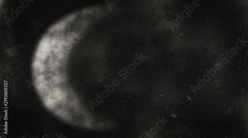 Abstract crescent moon shape with vintage film grain texture on dark background
