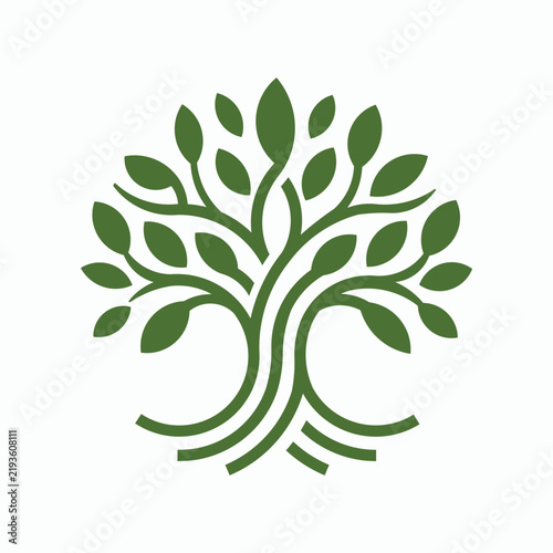 Abstract illustration of a green tree of life with roots and leaves, ideal for flyers and advertisements, featuring ample copy space, perfect for nature, growth, and eco-friendly themes