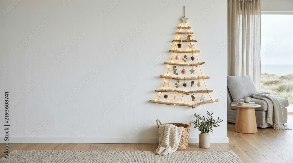 Obraz premium Alternative Christmas tree made of driftwood branches hanging on white wall. Cozy scandinavian living room with armchair, blanket and string lights.