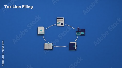 Tax lien administration maintains a public claim against property, flags its title and tracks arrears pending payment and release. Flat 3D style; an English title card.