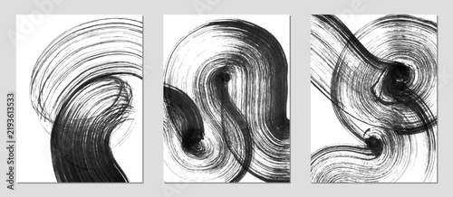 Set of vector abstract backgrounds. Black ink brush strokes, patterns, posters, cover.	