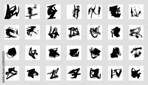 Set of abstract vector backgrounds. Black ink brush strokes, patterns, cover, banner.