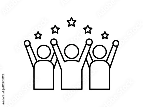 A simple but important line art icon three perfect looking people with raised arms celebrating success with five perfect line art stars icon